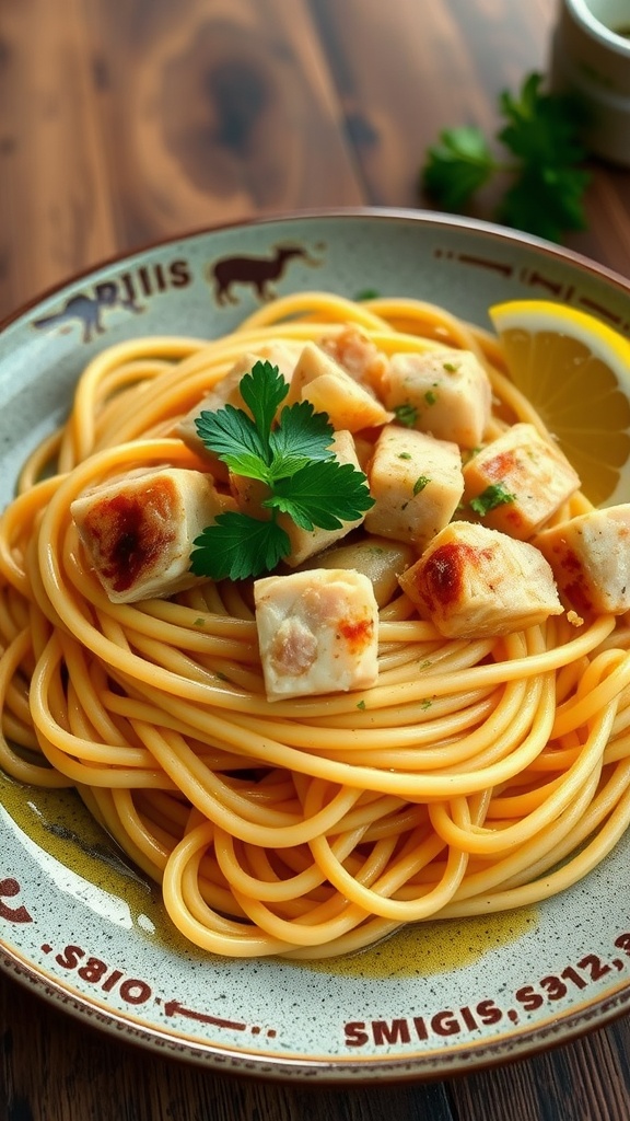 A plate of garlic and olive oil tuna pasta garnished with parsley and served with a lemon wedge.